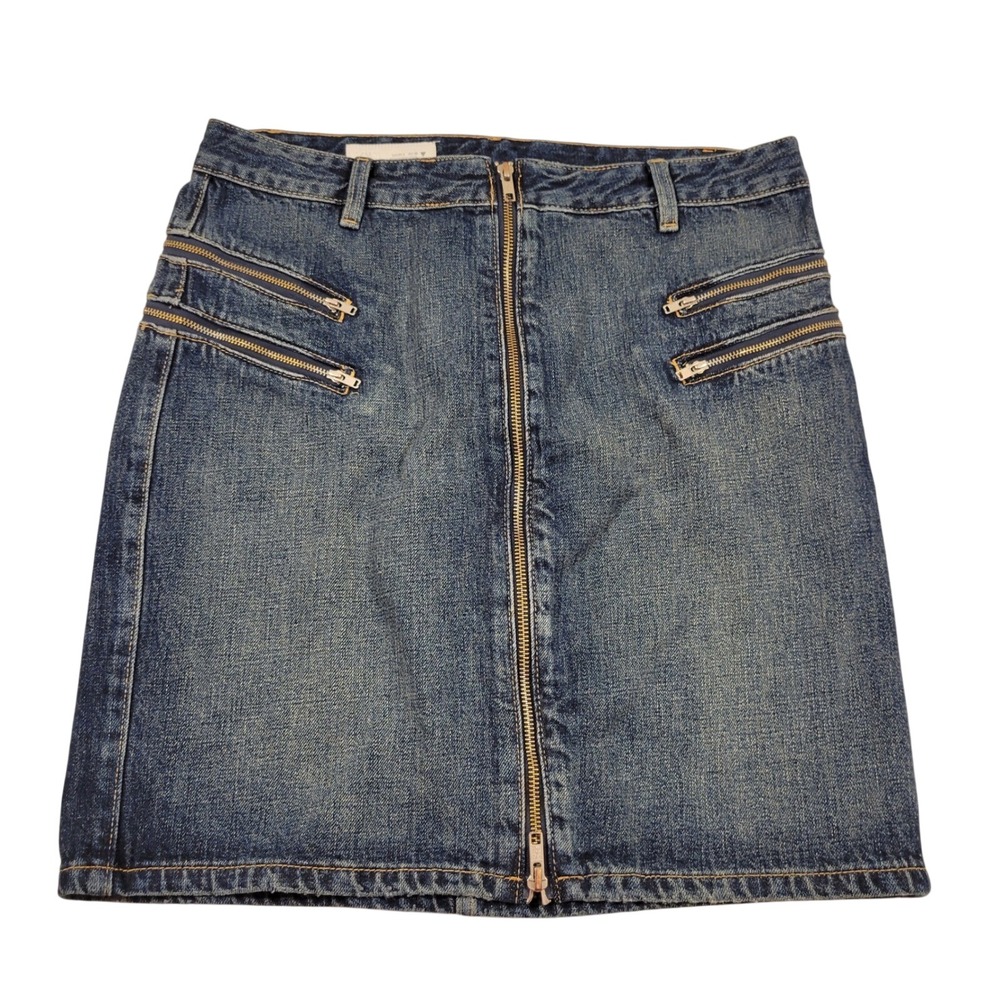 NWOT Zara Denim Skirt Women Large Blue Excellent Moto Zip Front 100% Cotton